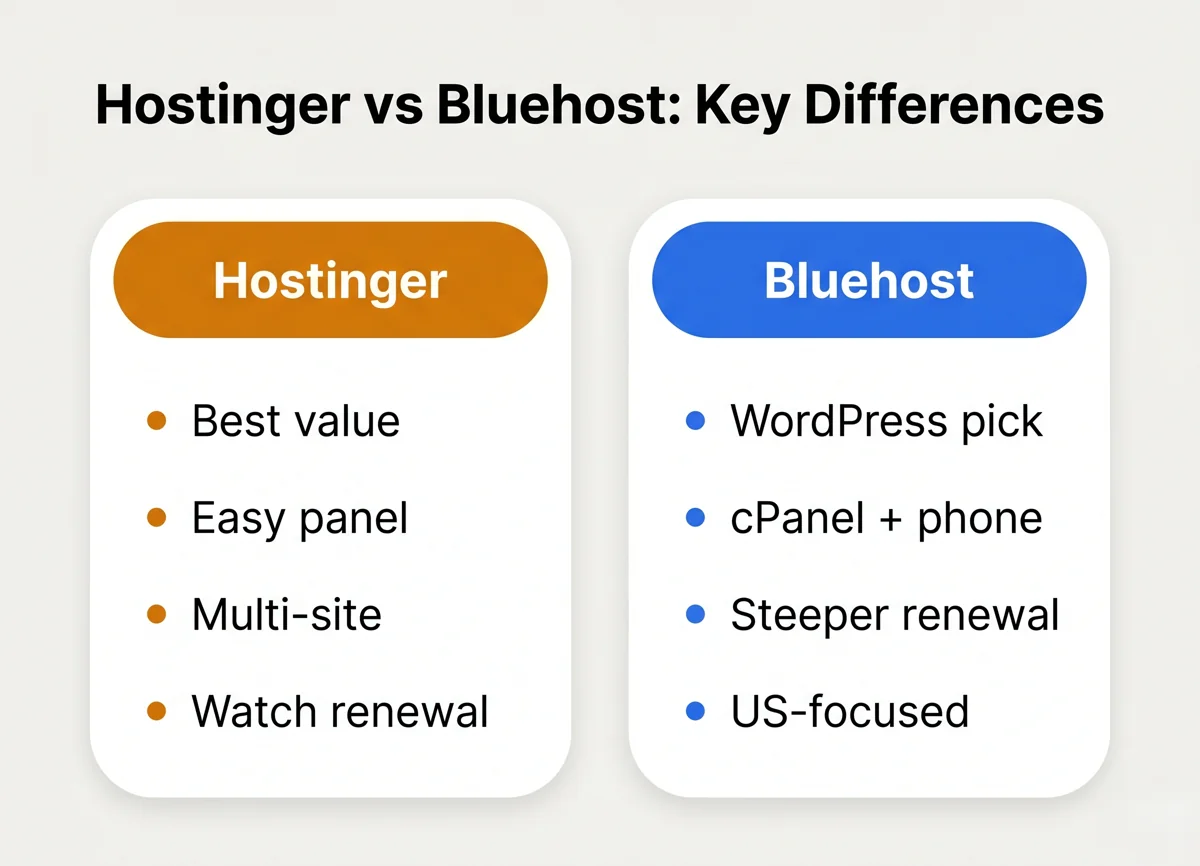 Hostinger vs Bluehost key differences for freelancers in 2026