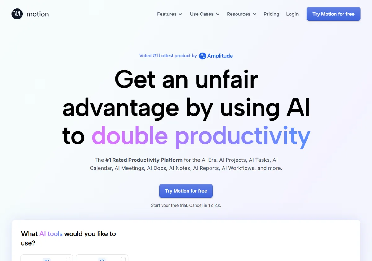 Motion AI calendar and task scheduler homepage 2026