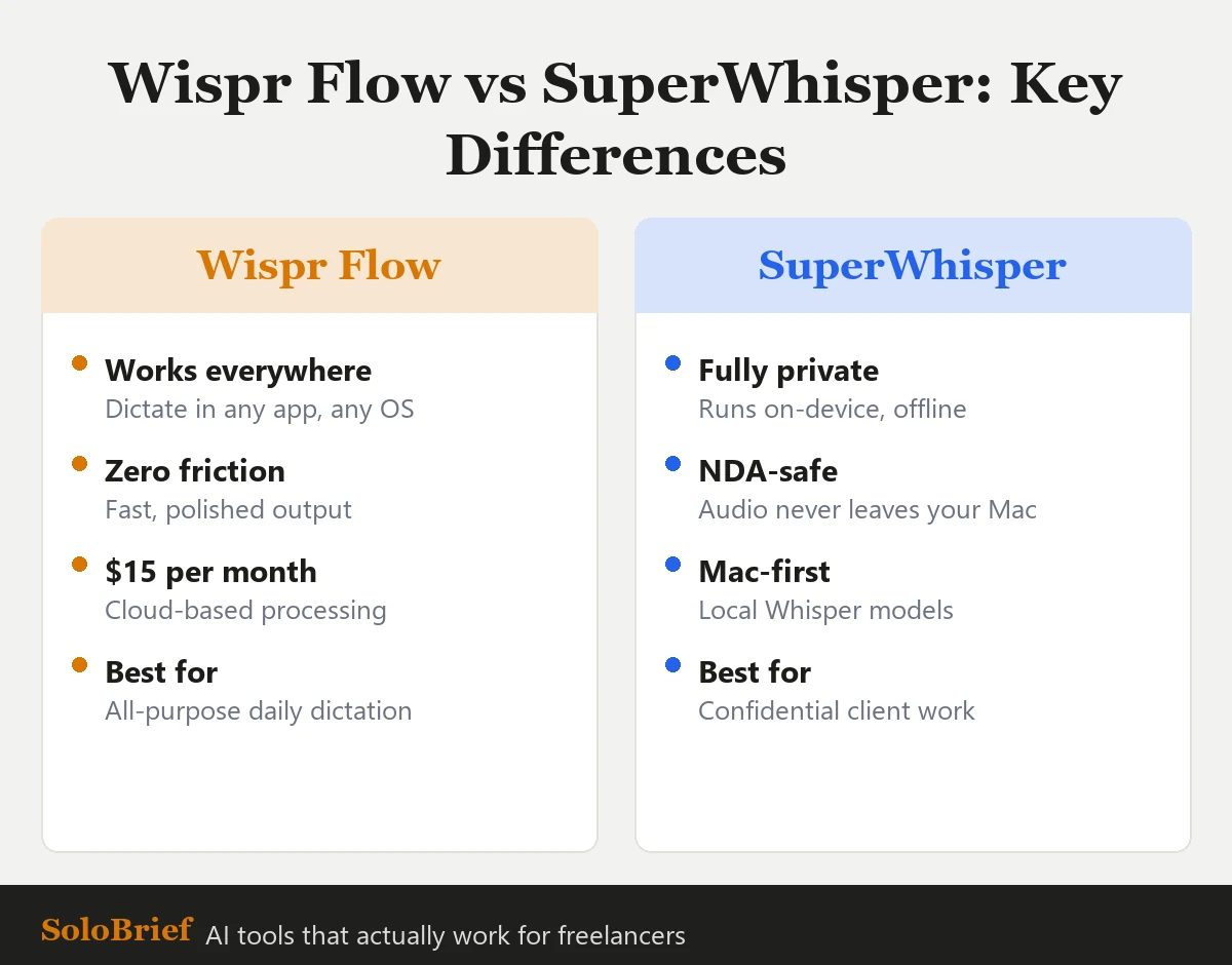 Wispr Flow vs SuperWhisper key differences for freelancers in 2026
